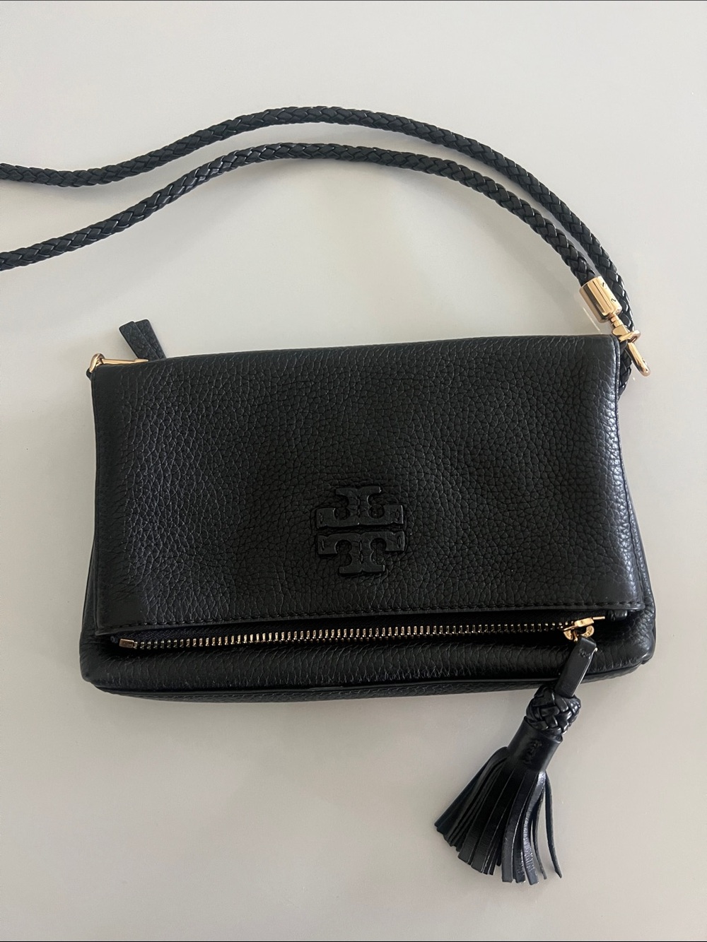 Tory Burch Taylor Black Pebbled Leather Crossbody with Tassel